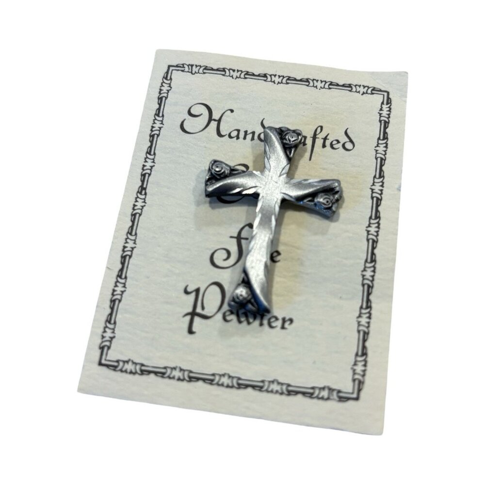 Handmade Fine Pewter Cross Pin Roses New England Vintage NWT Classic Elegant